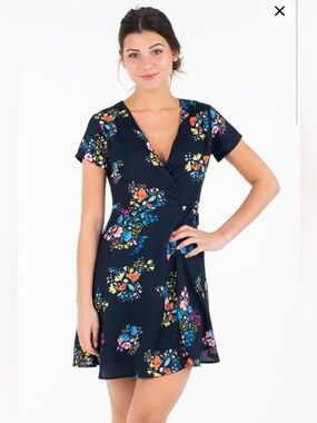 Molly Bracken Navy Floral Wrap Midi Dress Summer Wedding Guest Size M